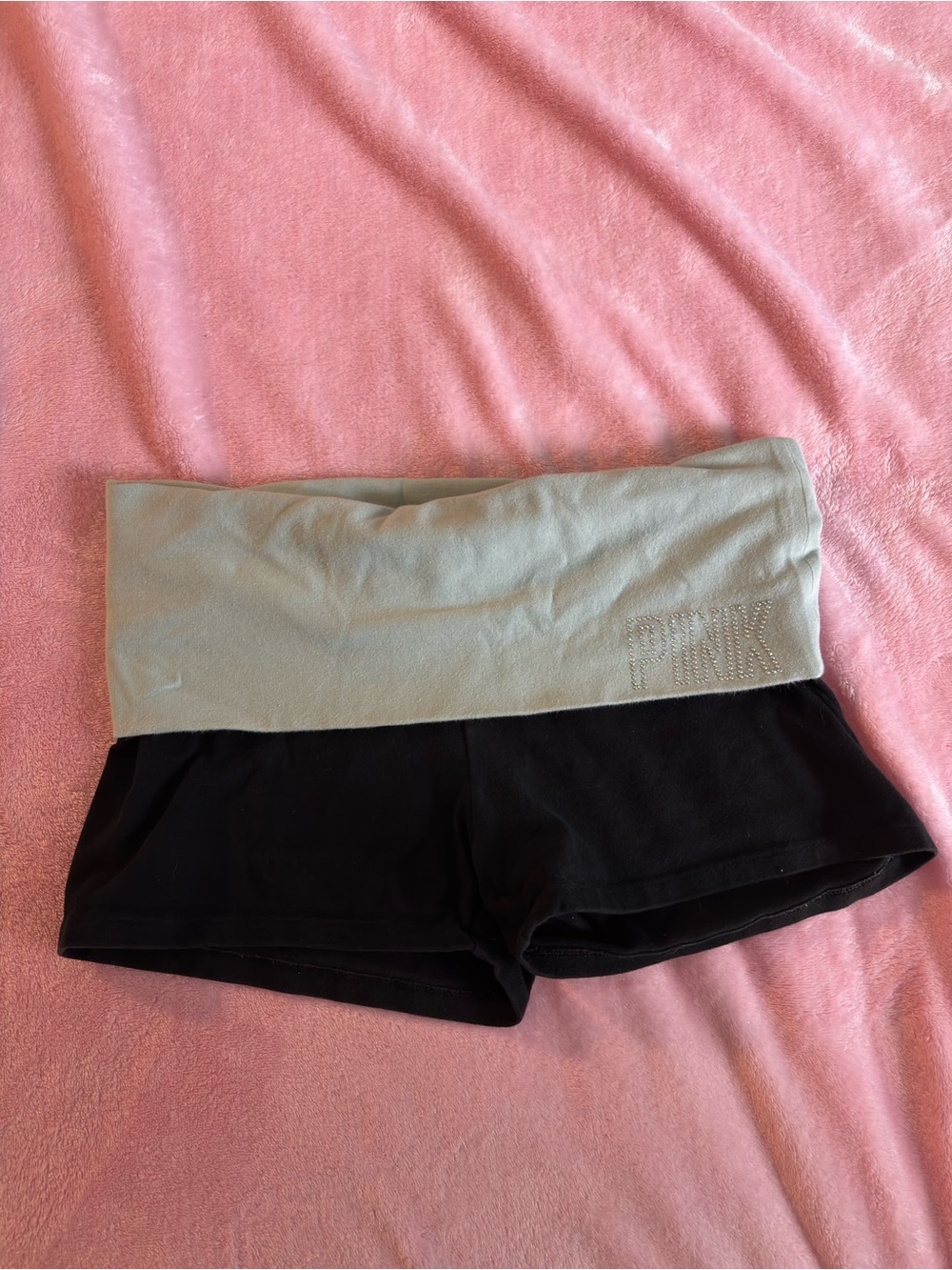 VS PINK Mint Green and Silver Low Rise Foldover Yoga Shorts Micro Rhinestone